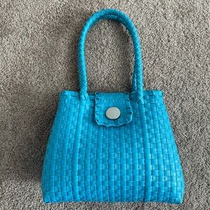 Turquoise Plastic Woven Tote - Expandable Side Gussets